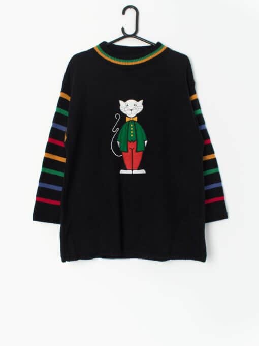 Vintage 90s White Cat Sweater In Black With Bright Stripes Medium Large