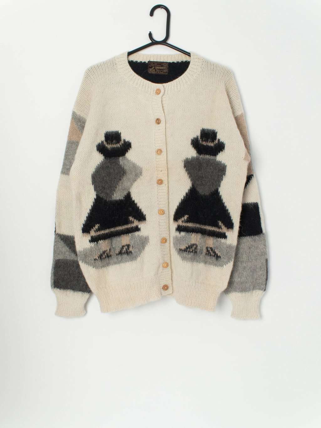 Vintage Alpaca Wool Cardigan With Abstract Pattern And Characters Large