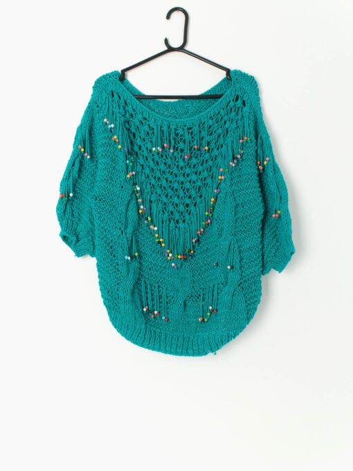 Vintage Crochet Beaded Fringed Jumper In Teal Large Xl