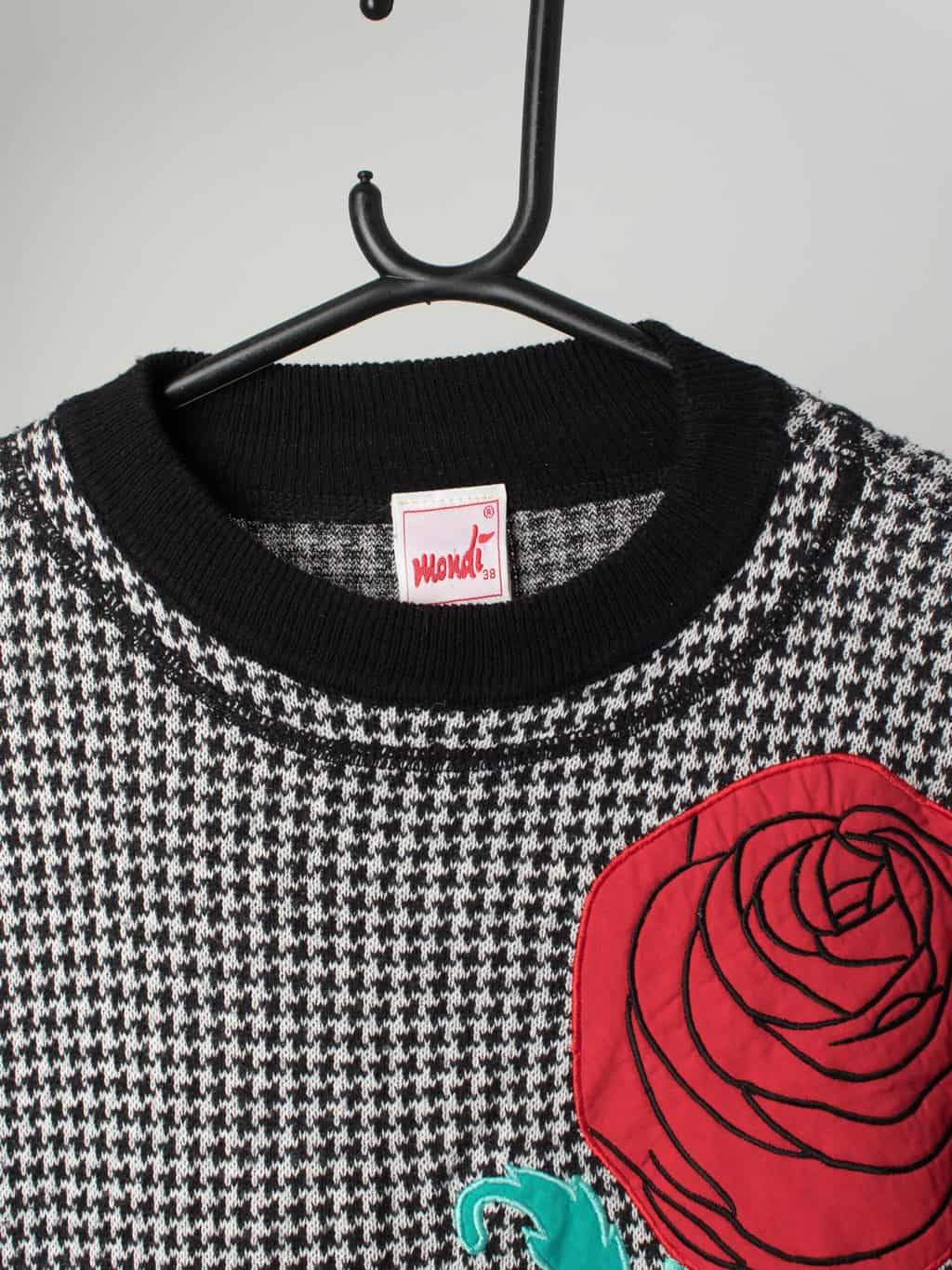 Vintage Dogtooth Jumper In Black And White With Large Rose Floral Design Large 2