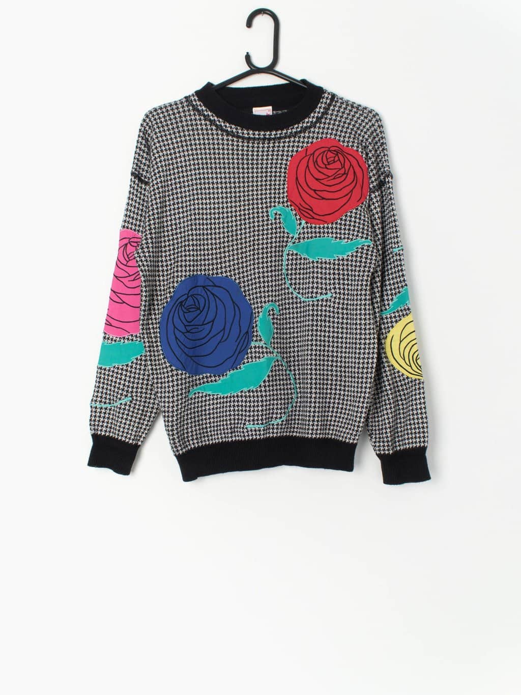 Vintage Dogtooth Jumper In Black And White With Large Rose Floral Design Large