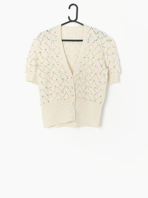 Vintage Hand Knitted Cardigan In Cream With Pastel Bobbles Cute Knitwear Medium Large