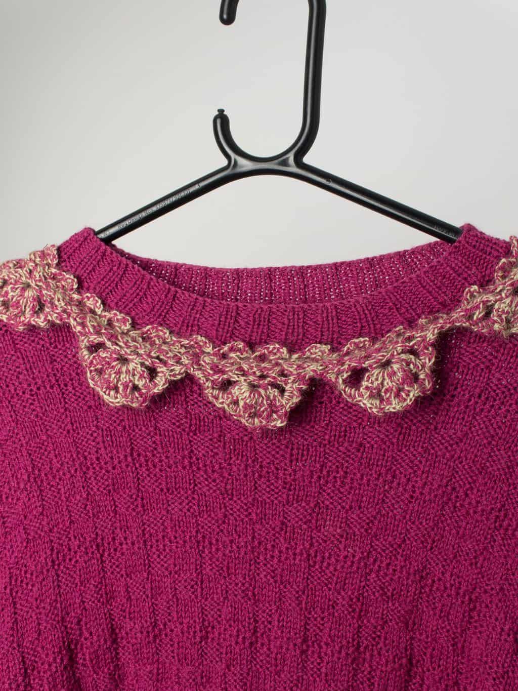 Vintage Hand Knitted Sweater In Raspberry Purple With Frilly Collar Medium 2