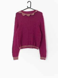 Vintage Hand Knitted Sweater In Raspberry Purple With Frilly Collar Medium