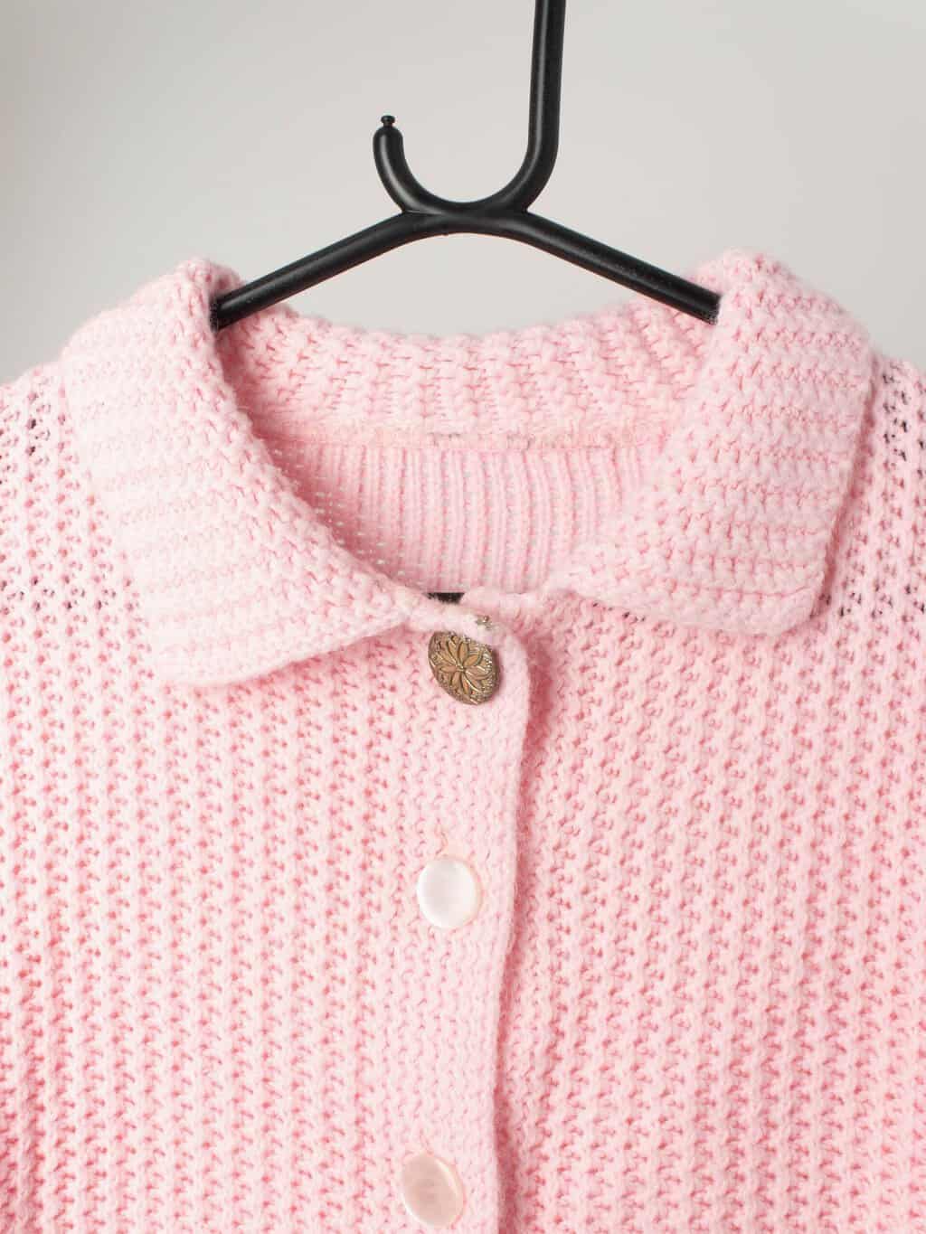 Vintage Handknitted Cardigan In Soft Pink With Collar And Large Buttons Medium Large 2