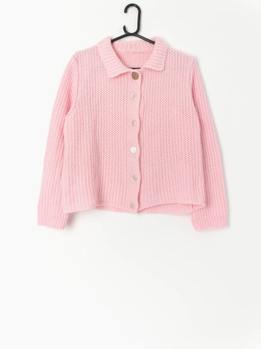 Vintage Handknitted Cardigan In Soft Pink With Collar And Large Buttons Medium Large
