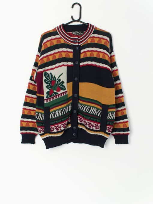 Vintage Irish Knit Cardigan With Multicoloured Stripes And Strawberries Medium