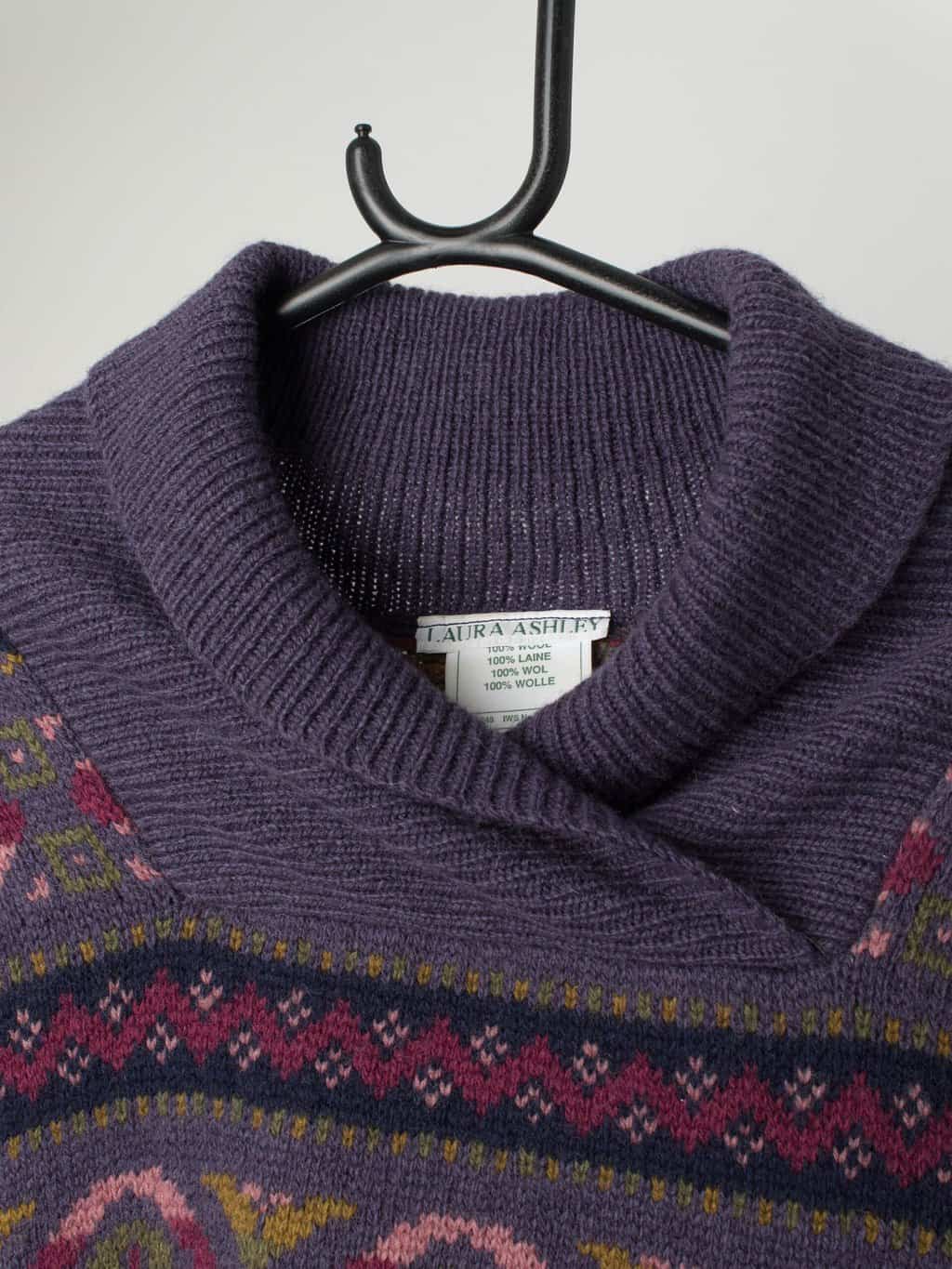 Vintage Laura Ashley Wool Knitted Jumper In Purple With Geometric Design Medium 2