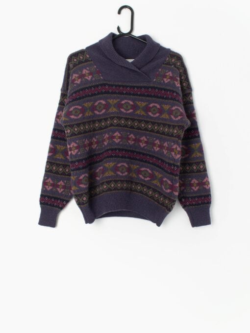 Vintage Laura Ashley Wool Knitted Jumper In Purple With Geometric Design Medium