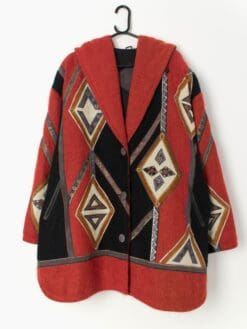 Vintage Mohair Cardigan Coat With Customised Leather Design In Orange And Black 3xl