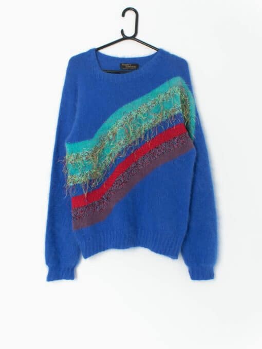 Vintage Mohair Jumper In Electric Blue With Striped Design And Crazy Rainbow Tassels Small Medium