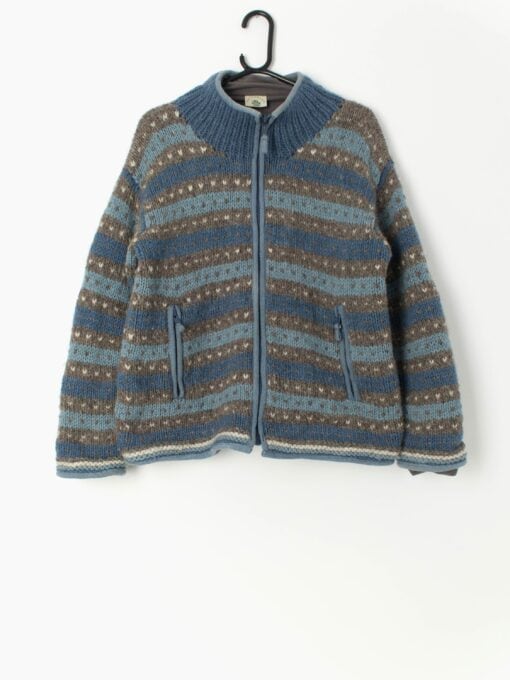 Vintage Pachamama Zipped Wool Jacket In Grey And Blue Stripes Medium Large