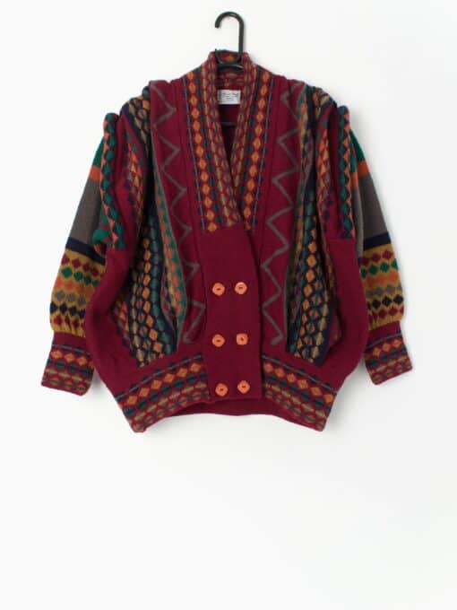 Vintage Statement Cardigan By Annie Hall With Geometric Pattern In Autumn Colours Medium
