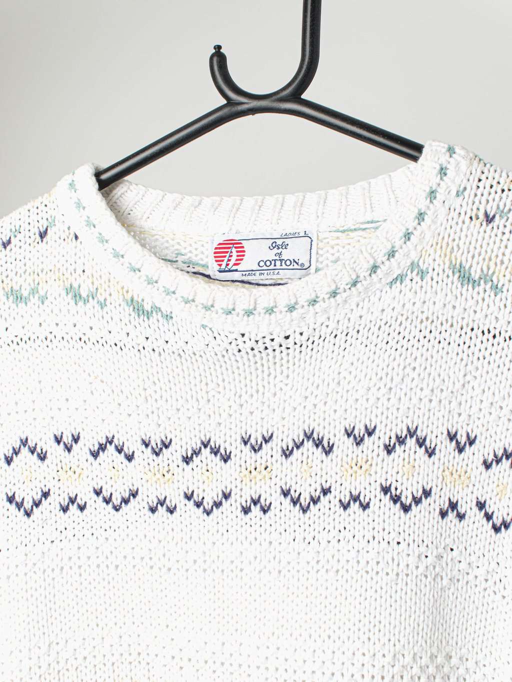 Vintage White Knitted Cotton Jumper With Yellow Green And Blue Pattern Made In The Usa Medium 2