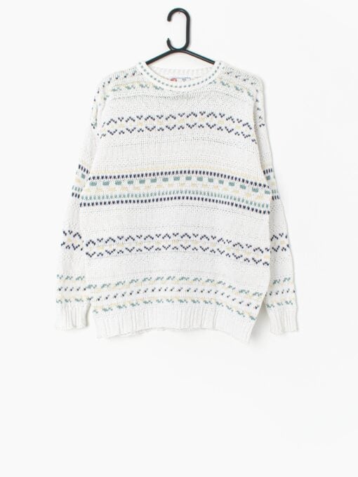 Vintage White Knitted Cotton Jumper With Yellow Green And Blue Pattern Made In The Usa Medium