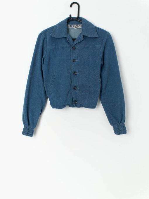 1970s vintage cropped denim jacket in blue with large collar - Small