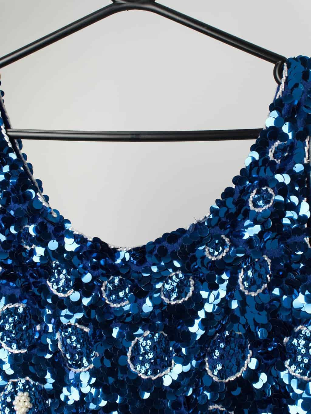 60s sequin mermaid top in blue and white - Medium