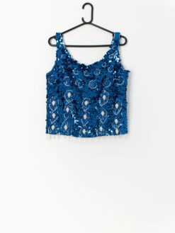 60s sequin mermaid top in blue and white - Medium