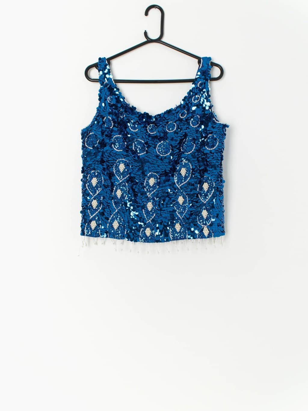60s sequin mermaid top in blue and white - Medium