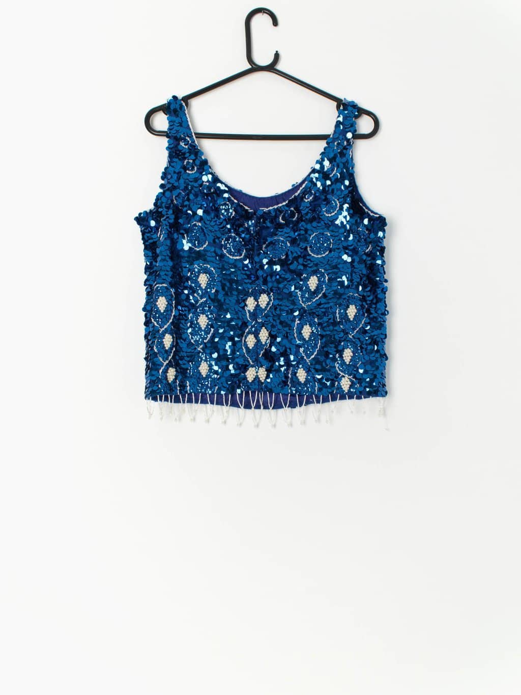 60s sequin mermaid top in blue and white - Medium