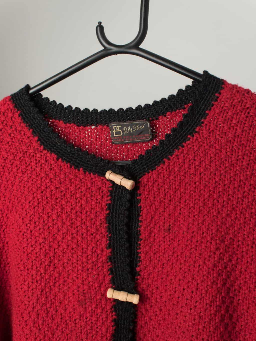 80s Red Folk Cardigan With Pretty Embroidered Floral Design Medium Large 2