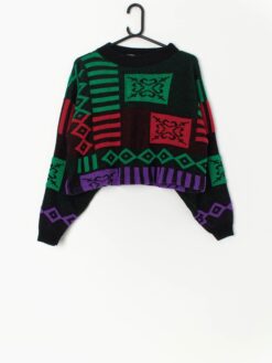 80s Vintage Cropped Jumper With Bright Abstract Design Made In England Medium