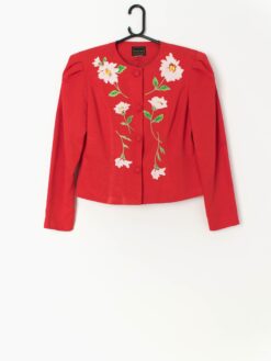 80s Vintage Red Dynasty Blazer With Floral Applique Pattern Small Medium