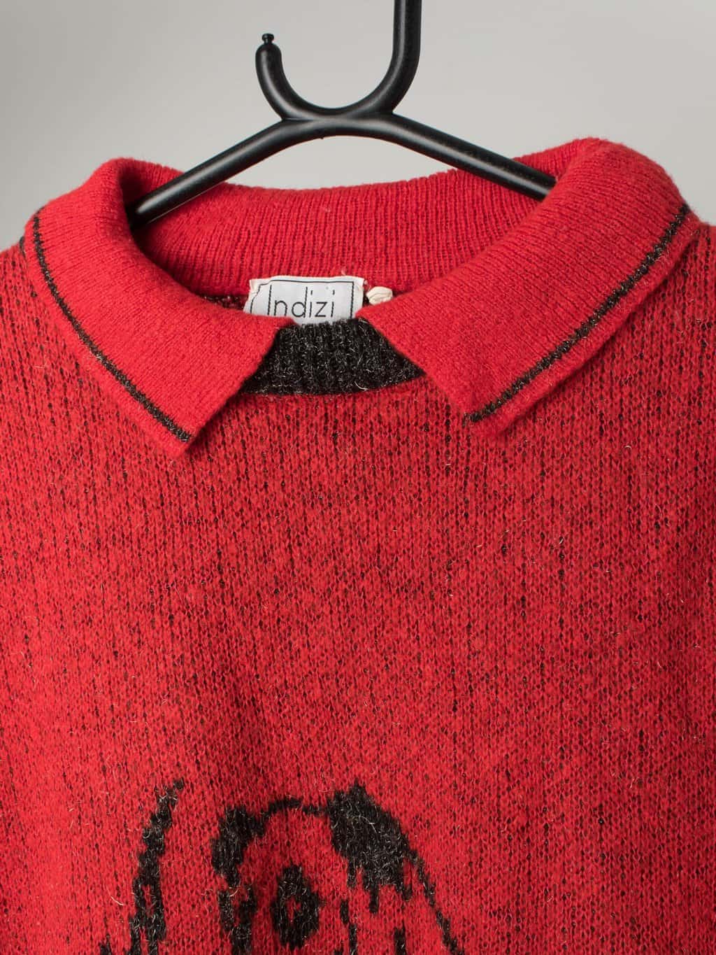 90s Vintage Collared Panda Jumper In Red Medium Large 2