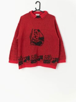 90s Vintage Collared Panda Jumper In Red Medium Large