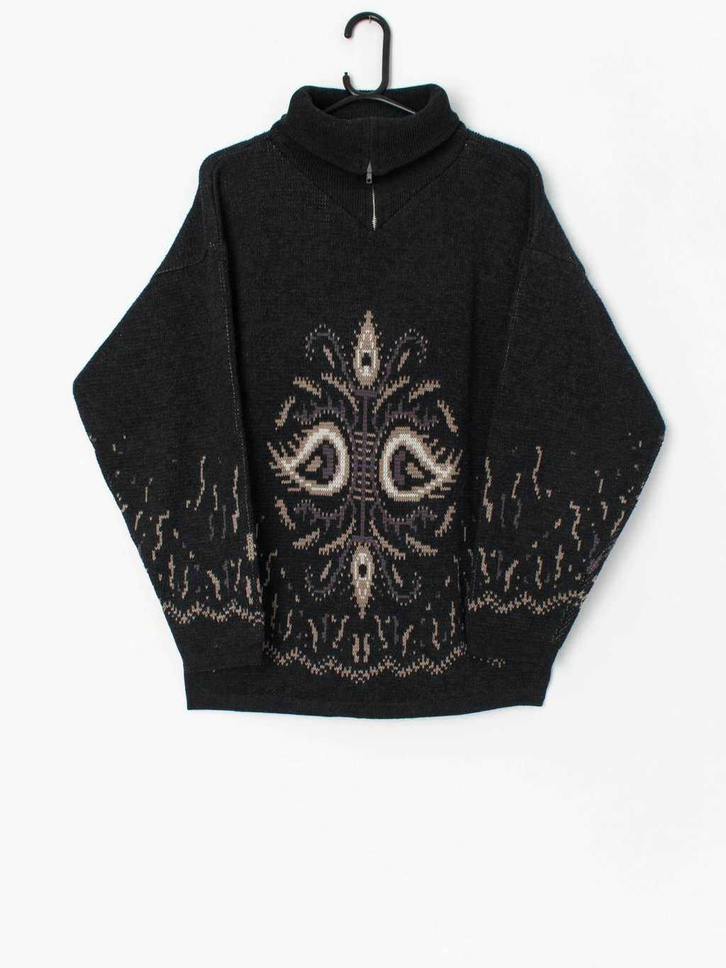 90s vintage quarter zip ski sweater in dark grey - Medium / Large