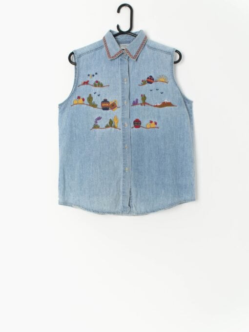 Denim Vest With Mexican Inspired Embroidery Of Cacti Sun Cactus Moon And Stars Medium Large
