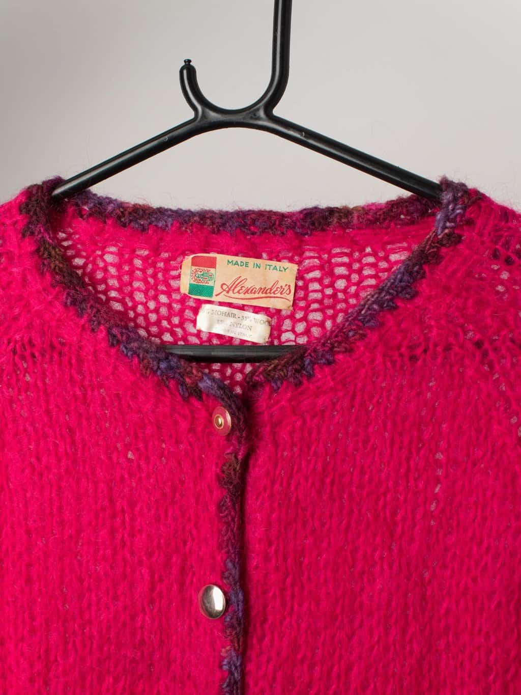 Raspberry pink mohair wool cardigan with shiny buttons Medium
