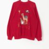 Red vintage Christmas sweatshirt with hand drawn illustrations. Made in the USA -  Large