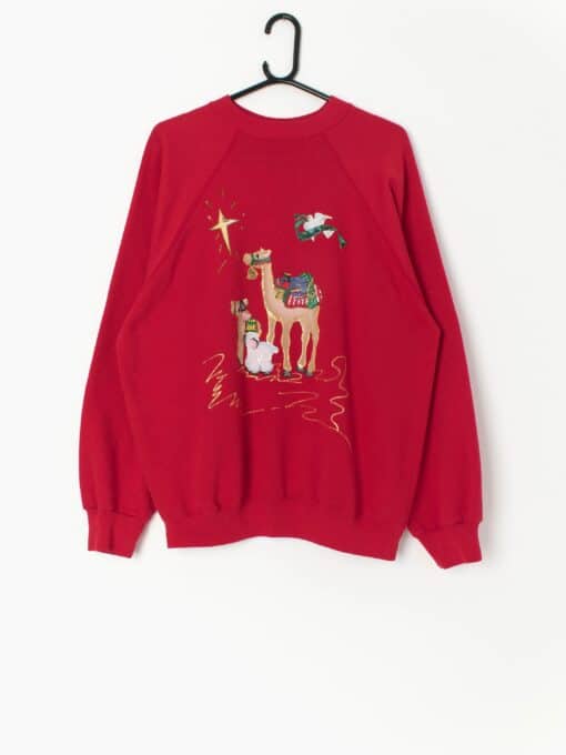 Red vintage Christmas sweatshirt with hand drawn illustrations. Made in the USA -  Large