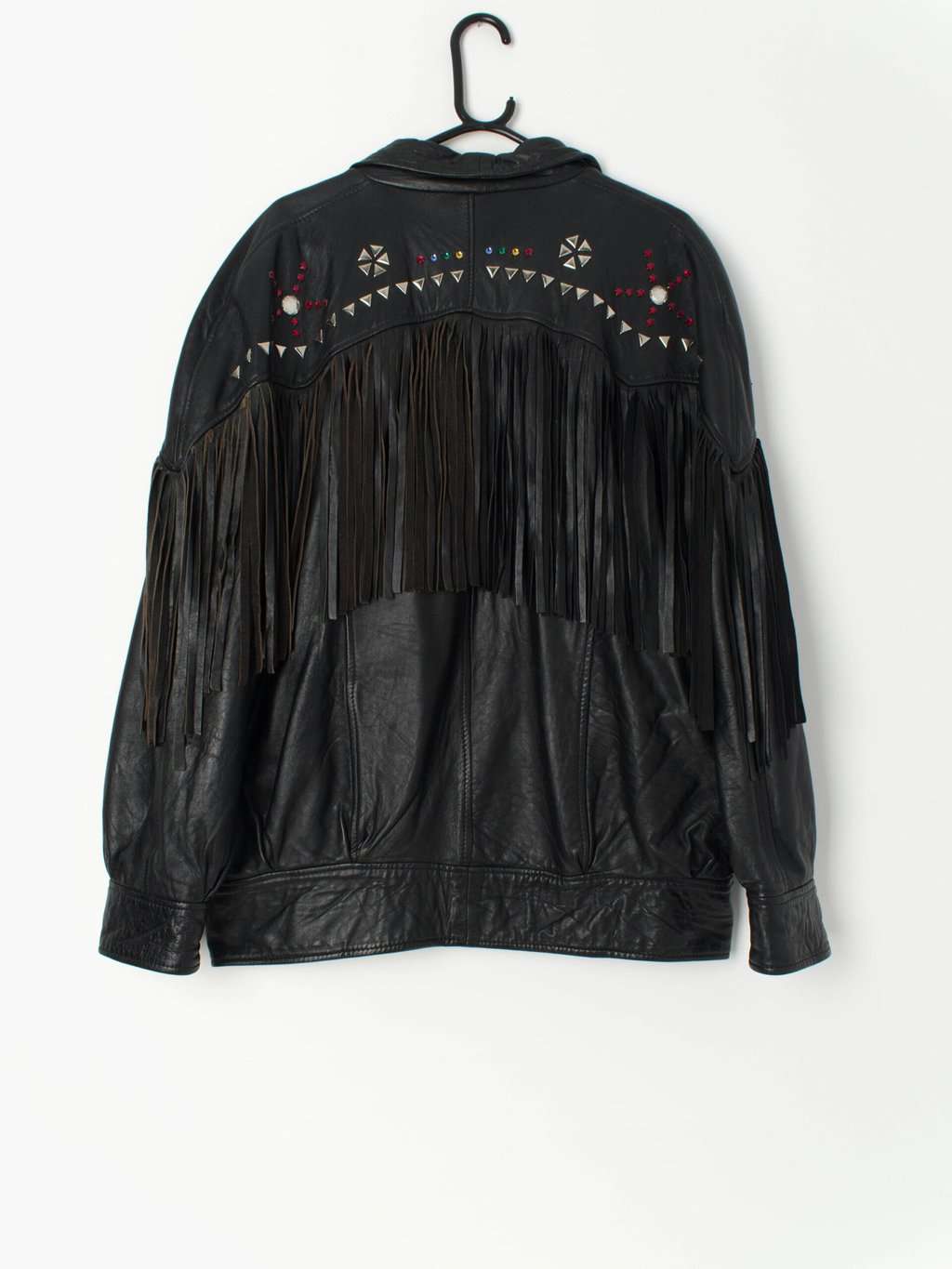 Vintage Black Leather Jacket With Fringe And Jewel Detail Made In The Uk Circa 1980 Large Xl 3