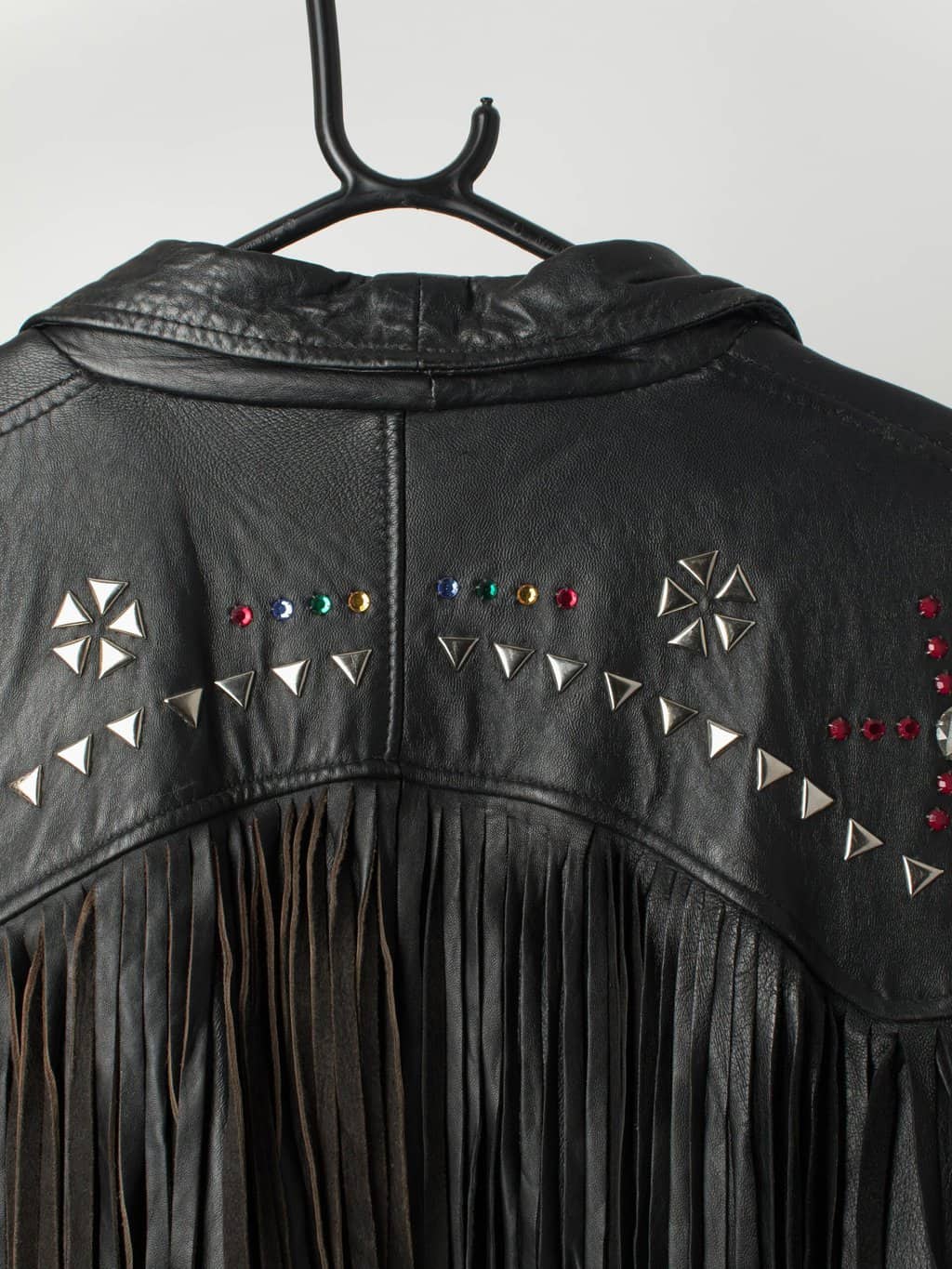 Vintage Black Leather Jacket With Fringe And Jewel Detail Made In The Uk Circa 1980 Large Xl 4