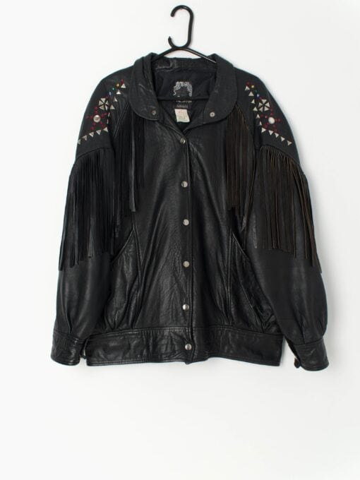 Vintage Black Leather Jacket With Fringe And Jewel Detail Made In The Uk Circa 1980 Large Xl