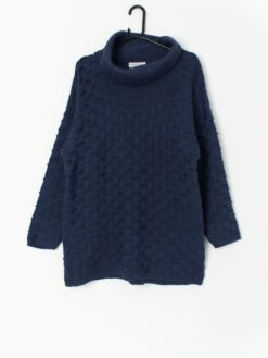 Vintage blue 3D raised knit longline jumper with roll neck - Medium / Large