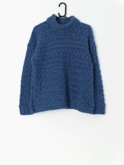 Vintage cable knit high neck sweater in blue - Medium