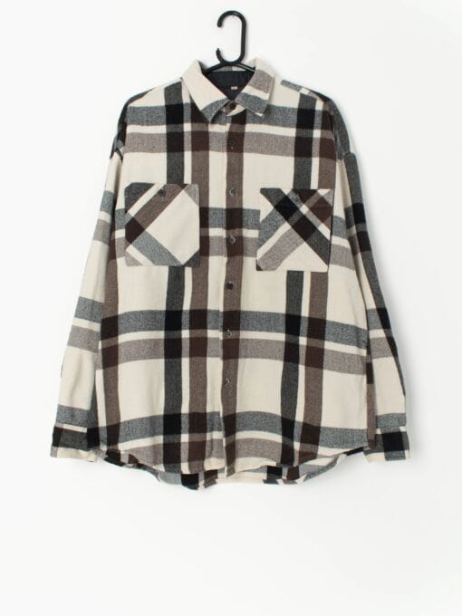 Vintage Check Flannel Shirt In Cream And Brown 90s Large
