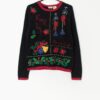 Vintage Christmas applique knitted jumper with bells and poinsettias - Small