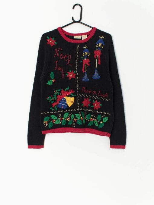 Vintage Christmas applique knitted jumper with bells and poinsettias - Small