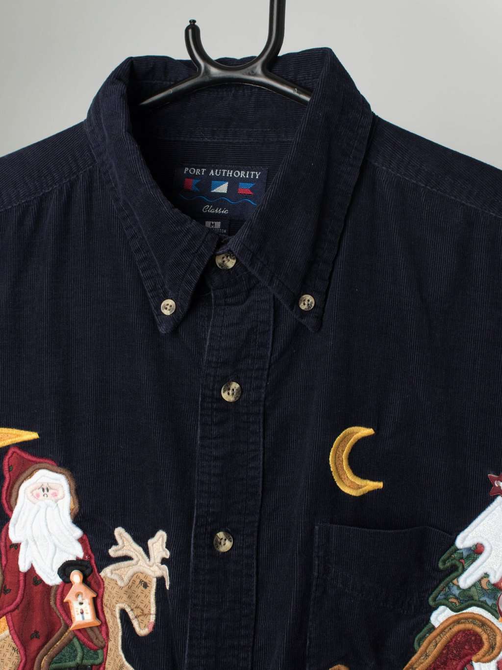 Vintage Christmas cord shirt in navy blue with applique Santa, reindeer and sleigh - Medium