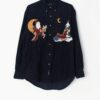 Vintage Christmas cord shirt in navy blue with applique Santa, reindeer and sleigh - Medium