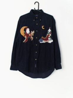 Vintage Christmas cord shirt in navy blue with applique Santa, reindeer and sleigh - Medium