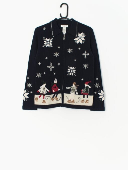 Vintage Christmas lambswool cardigan with appliqué ice skaters and snowflakes - Small