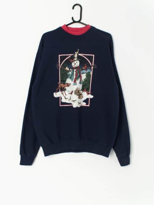 Vintage Christmas sweatshirt with cute snowman and wildlife scene - Medium / Large