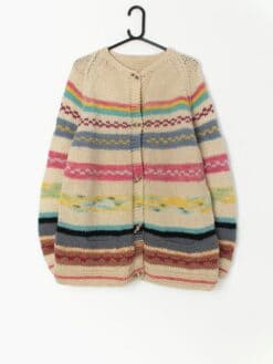 Vintage chunky knit cardigan with striped design - Large