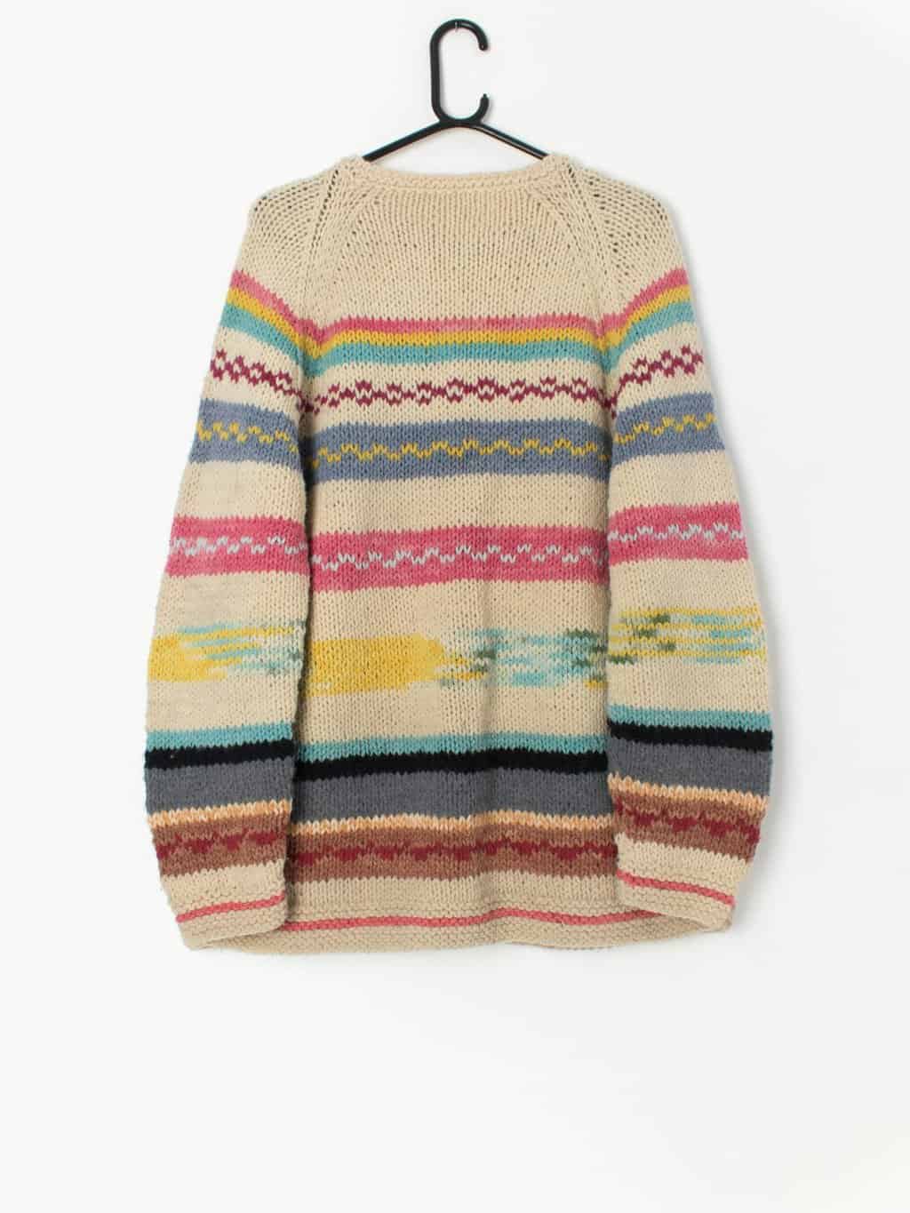 Vintage chunky knit cardigan with striped design - Large