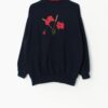 Vintage collared sweatshirt in navy blue with red embroidered poppies - Medium / Large